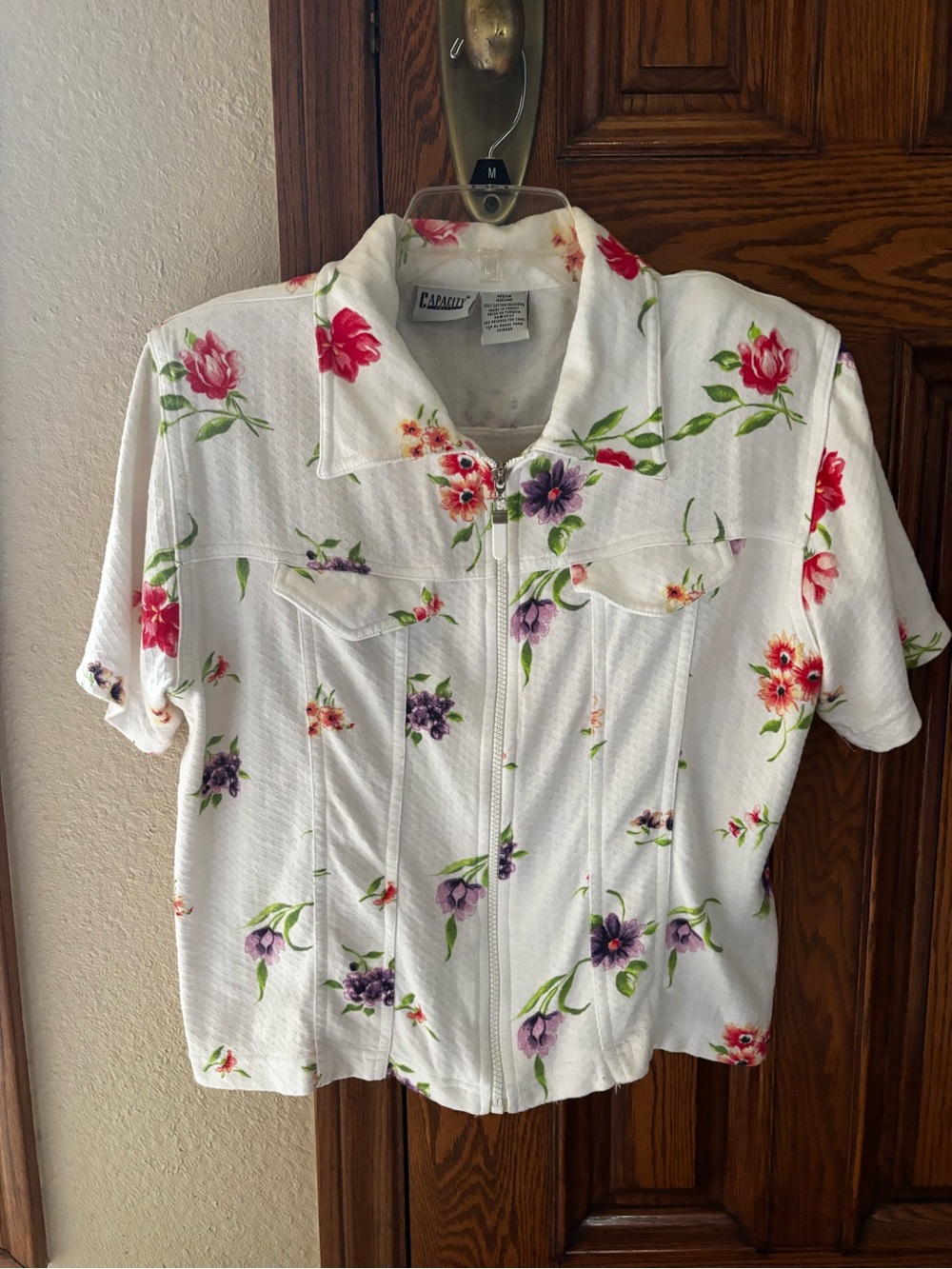 White Floral Short-Sleeve Zip Front Jacket